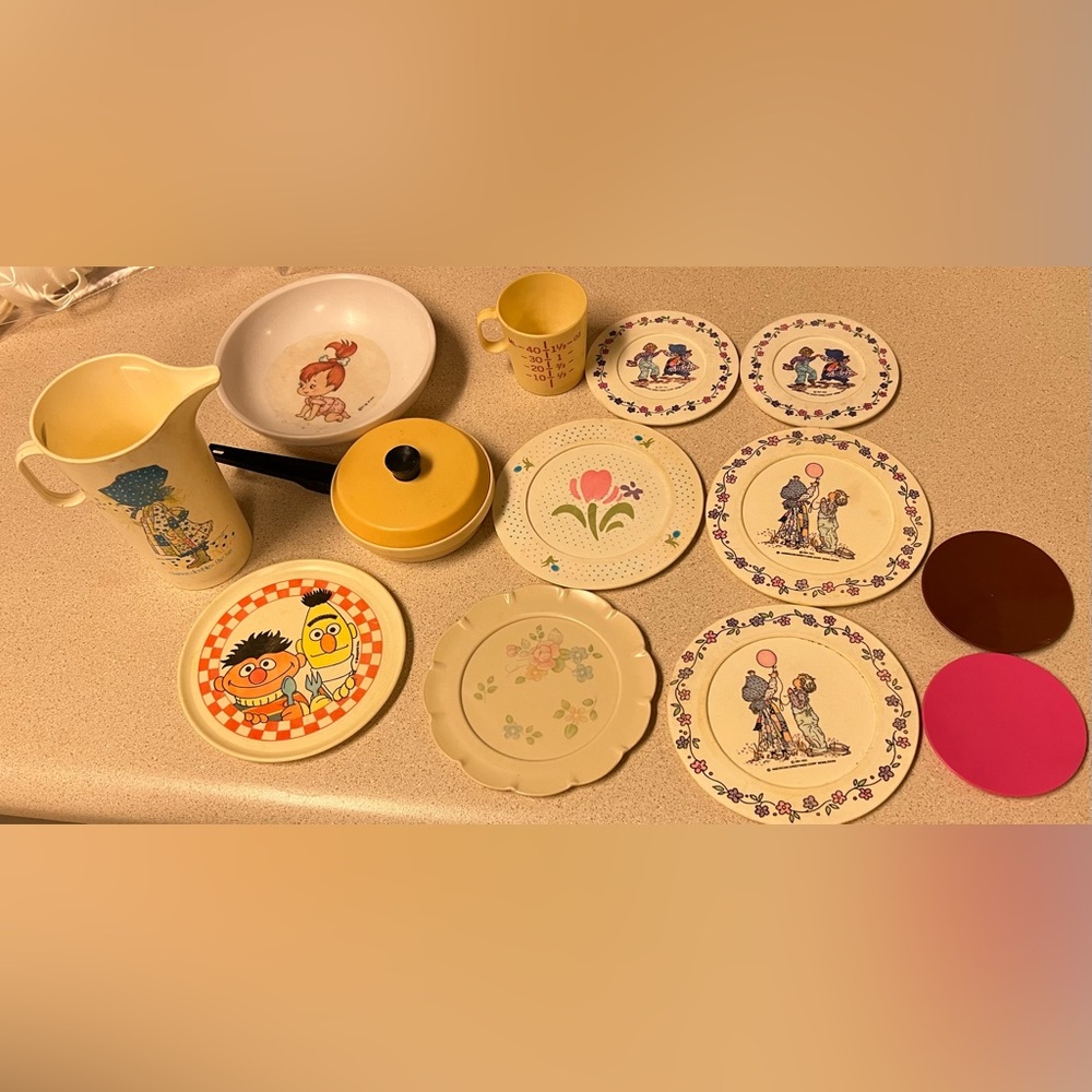 Vintage Chilton Childrens Pretend Play Kitchen Dishes Plates Pans Toy Set 14pc